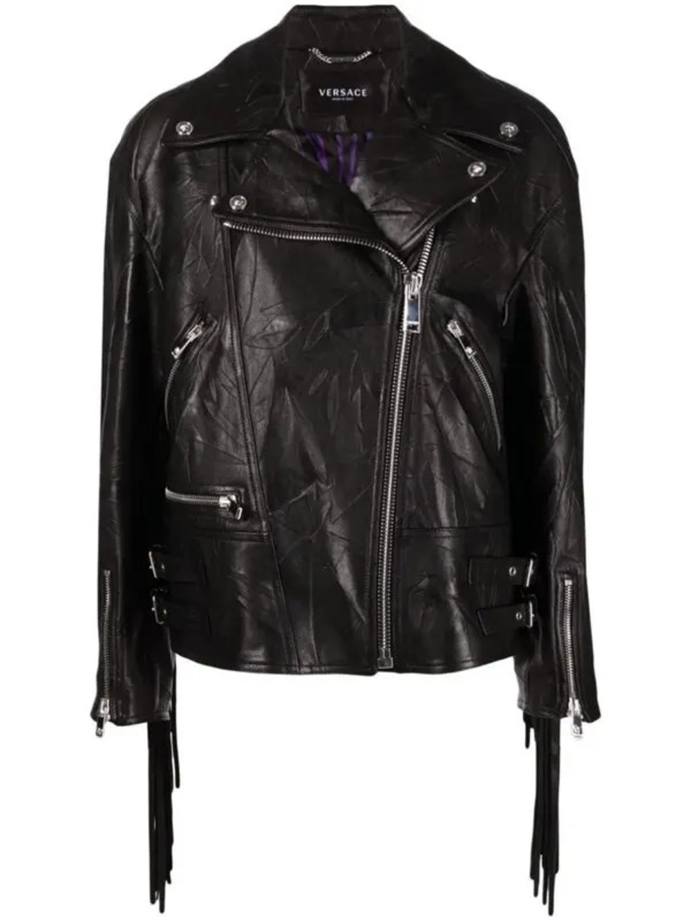 Versace Black Oversized Fringe Leather Jacket Size 36 NWT